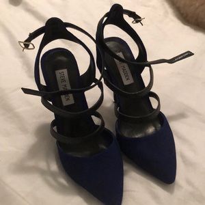 Blue suede and black leather strappy pumps